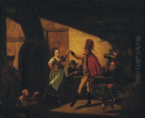 An Officer Dancing In A Tavern (+ Another; Pair) Oil Painting by Nicolas-Louis-Albert Delerive