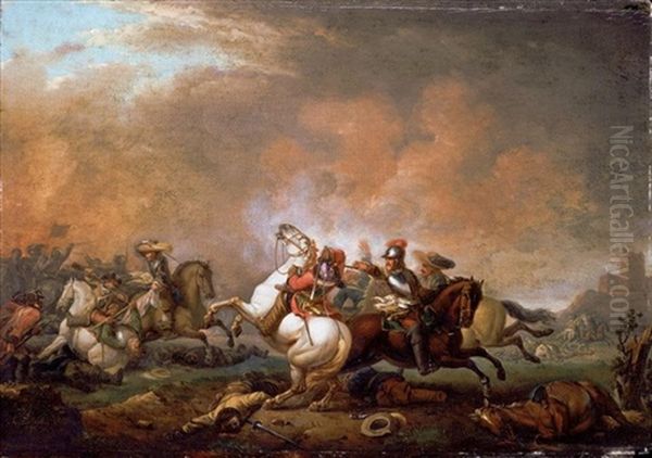 A Cavalry Skirmish Oil Painting by Nicolas-Louis-Albert Delerive