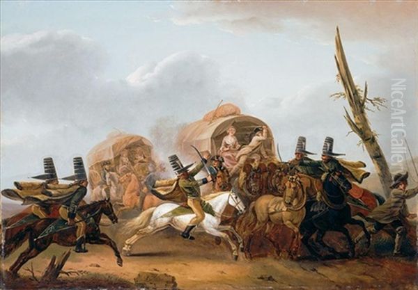 A Caravan Being Attacked By Cavalry Oil Painting by Nicolas-Louis-Albert Delerive