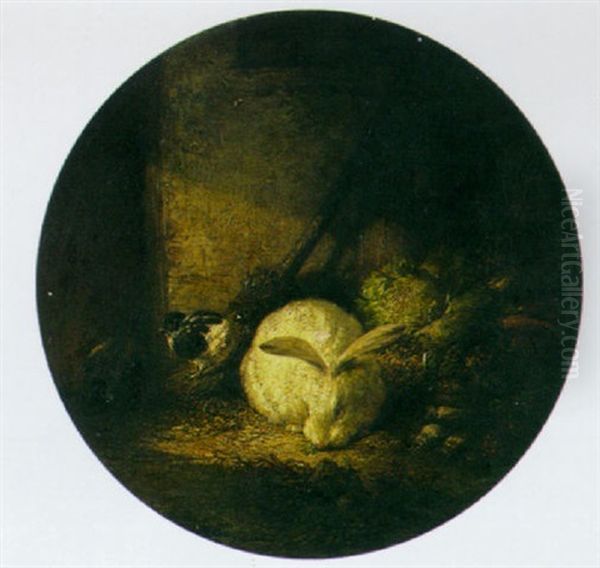 A Stable Interior With A Bunny, A Chick And Vegetables Oil Painting by Auguste Joseph Delessard