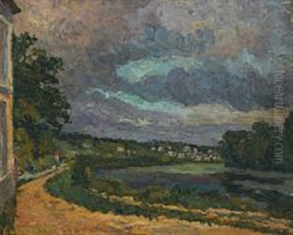 Bords La Seine A Herblay Au Crepuscule Oil Painting by Eugene Delestre