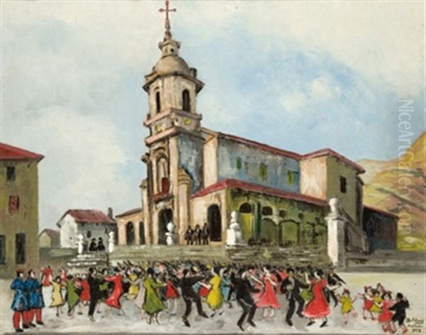 Andoain, Baile En La Plaza Oil Painting by Robert-Adrien Deletang