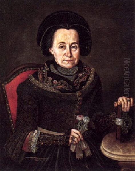 Portrait Of Anna Maria Gaigl, Aged 64, Wearing Black, Holding A Red And White Rose Oil Painting by Johann Georg Delfer