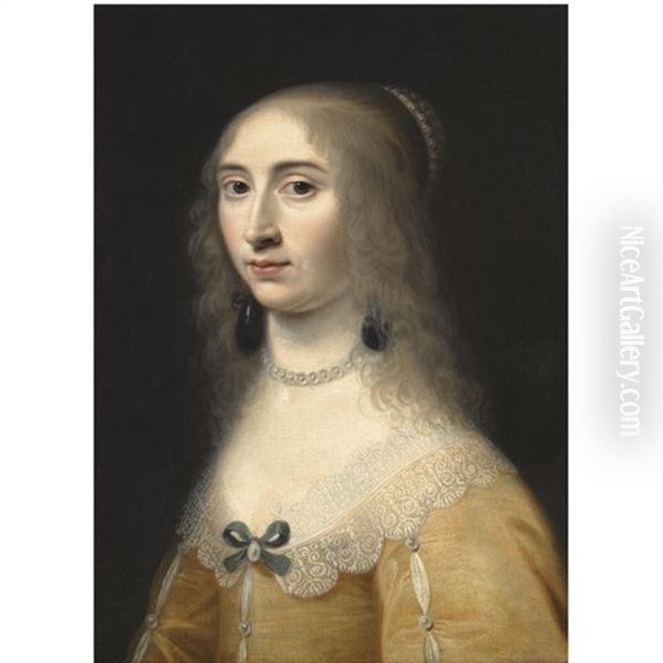 Portrait Of A Lady, Head And Shoulders, Wearing A Yellow Dress And A Pearl Necklace And Headdress Oil Painting by Jacob Willemsz Delff the Younger