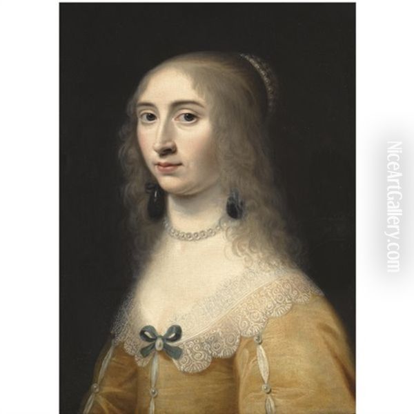 Portrait Of A Lady Wearing A Yellow Dress And A Pearl Necklace And Headdress Oil Painting by Jacob Willemsz Delff the Younger