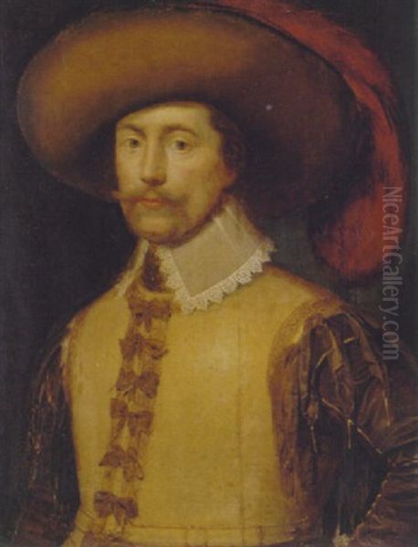 Portrait Of A Gentleman In A Ribboned Jerkin, A Lace Collar, Silk Sleeves, And A Plumed Hat Oil Painting by Jacob Willemsz Delff the Younger