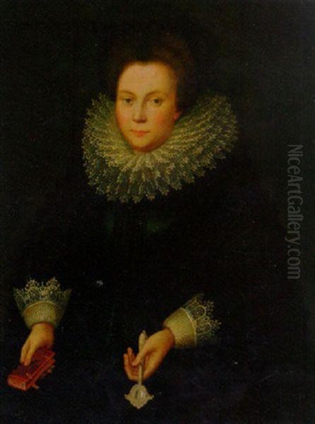 Portrait Of A Lady In A Black Embroidered Dress With White Lace Sleeves And Ruff, Holding A Missal And A Handscreen Oil Painting by Jacob Willemsz Delff the Younger