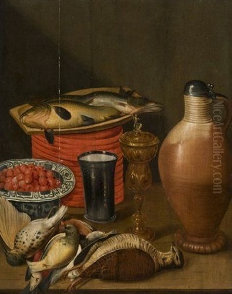 Nature Morte Au Pichet De Gres, Coupe De Fraises Et Oiseaux: Becasses, Grive Et Pinson Oil Painting by Cornelis Jacobsz Delff