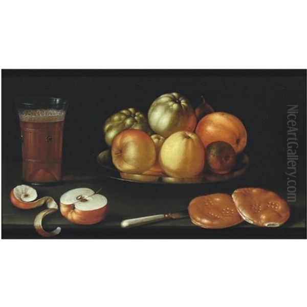 Still Life With Apples And Other Fruit On A Tazza, Together With A Glass Of Beer, A Partly Peeled Apple, A Knife And Two Bread Rolls Oil Painting by Cornelis Jacobsz Delff