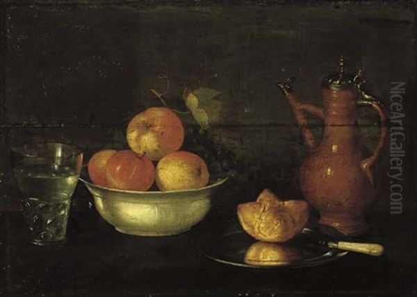 Apples And Grapes In A Porcelain Bowl, A Bread Roll On A Pewter Plate, A Glass Of Water And A Jug Oil Painting by Cornelis Jacobsz Delff