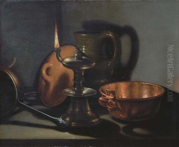 Kitchenware In The Glow Of An Oil Lamp Oil Painting by Cornelis Jacobsz Delff