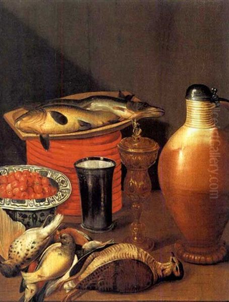 Nature Morte Au Pichet De Gres, Coipe De Fraises Et Oiseaux Oil Painting by Cornelis Jacobsz Delff