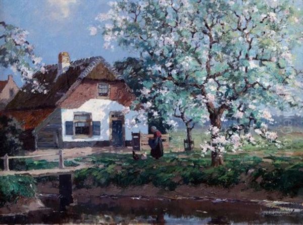 Blossoming Trees In Front Of A House With Woman And Chickens Oil Painting by Gerard Delfgaauw