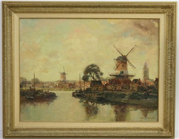 Gezicht Op Zuid-hollands Stadje Met Molens Oil Painting by Gerard Delfgaauw