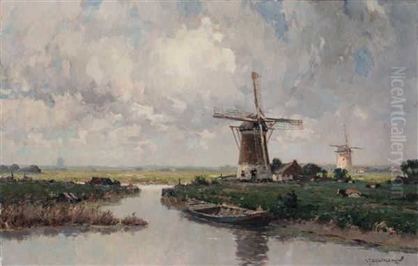 Windmill In A Polder Landscape Oil Painting by Gerard Delfgaauw