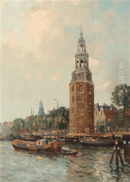 View Of The Montelbaanstoren Seen From The Oude Schans, Amsterdam Oil Painting by Gerard Delfgaauw