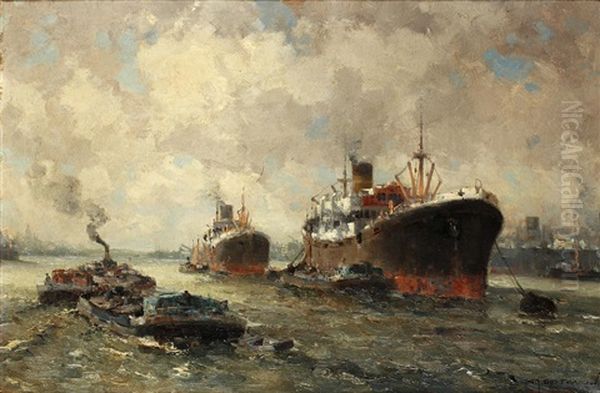 Tugs Accompanying Liners Out Of Port Oil Painting by Gerard Delfgaauw