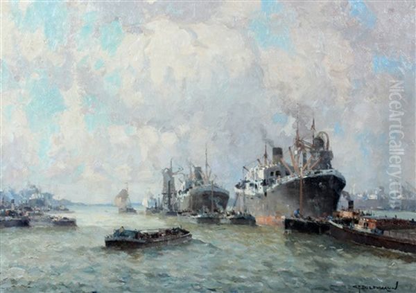 Schepen In De Haven Met Graanelevator Oil Painting by Gerard Delfgaauw