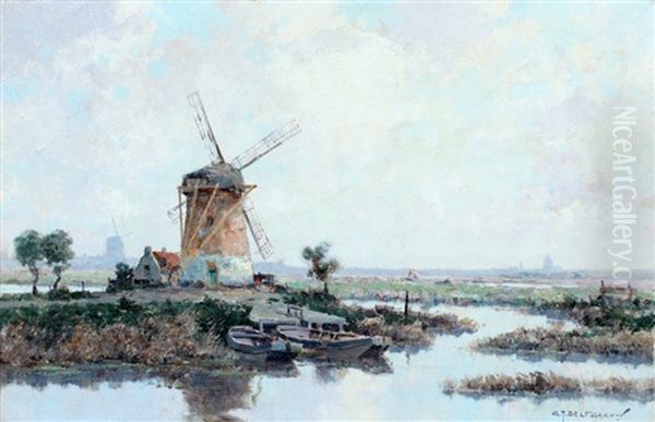 Hollands Waterlandschap Met Twee Molens Oil Painting by Gerard Delfgaauw