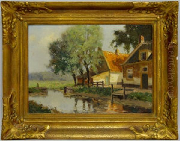 Cottages And Woodland By A Canal Oil Painting by Gerard Delfgaauw