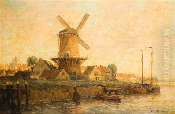 Le Moulin A Vent Au Bord De L'eau Oil Painting by Gerard Delfgaauw