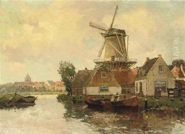 A Dutch Town With A Windmill Oil Painting by Gerard Delfgaauw