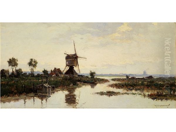 Weite Polderlandschaft Mit Deichseen, Windmuhle Und Fischern Oil Painting by Gerard Delfgaauw