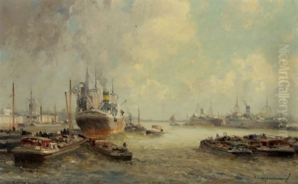 Hustle And Bustle In The Rotterdam Harbour Oil Painting by Gerard Delfgaauw