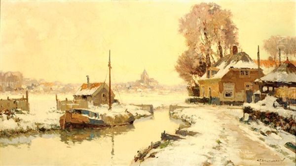 Snow-covered Landscape With A Farm Bordering A Ditch, A Church On The Horizon Oil Painting by Gerard Delfgaauw