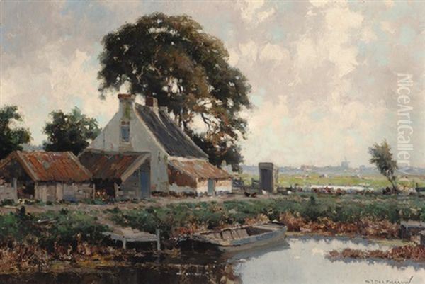 View Of A Farm By The Water Oil Painting by Gerard Delfgaauw