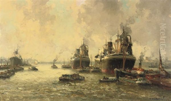 Steamers Arriving At The Port Of Rotterdam Oil Painting by Gerard Delfgaauw