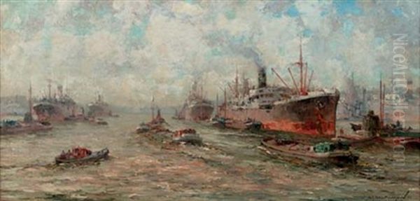 Shipping In Rotterdam Harbour Oil Painting by Gerard Delfgaauw