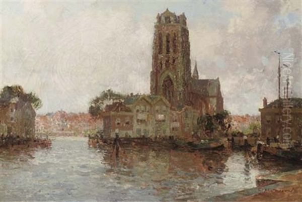 The Onze Lieve Vrouwekerk, Dordrecht, Seen From Across The Water Oil Painting by Gerard Delfgaauw