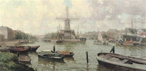 De Distileerketel Molen - A Busy Working Day In Delfshaven, Rotterdam Oil Painting by Gerard Delfgaauw