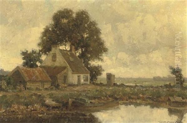 Bij Voorschoten - A White Farmhouse Oil Painting by Gerard Delfgaauw