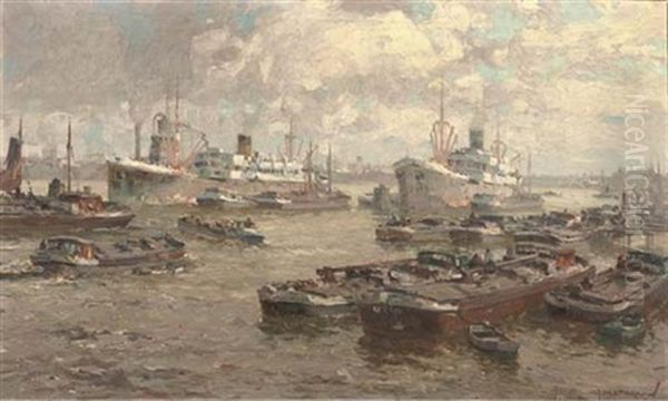 Shipping In Rotterdam Harbour Oil Painting by Gerard Delfgaauw