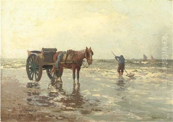 Shellfisher On The Beach Oil Painting by Gerard Delfgaauw