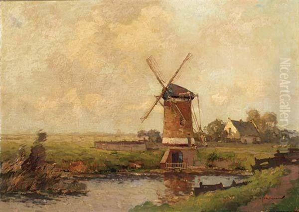 A Polder Landscape With Windmill Oil Painting by Gerard Delfgaauw