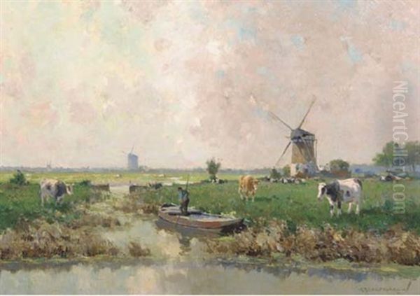 At Work In A Polder Landscape Oil Painting by Gerard Delfgaauw