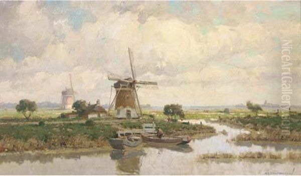 Bij Voorschoten: Windmills In A Polder Landscape Oil Painting by Gerard Delfgaauw