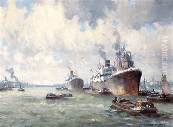 Cargo Ships At Rotterdam Harbour Oil Painting by Gerard Delfgaauw