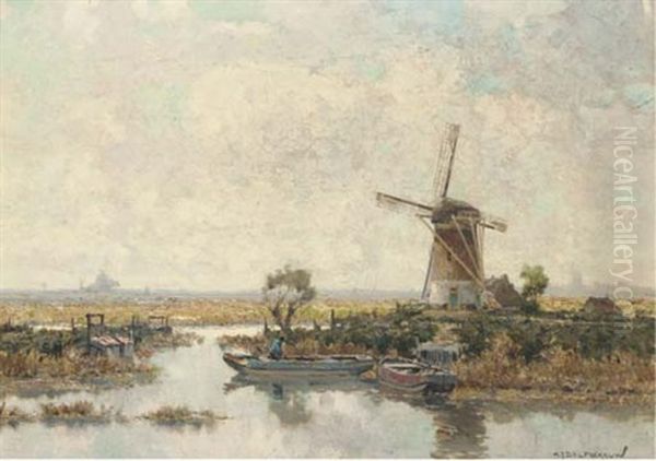 Bij Voorschoten: Windmill In A Polder Landscape Oil Painting by Gerard Delfgaauw