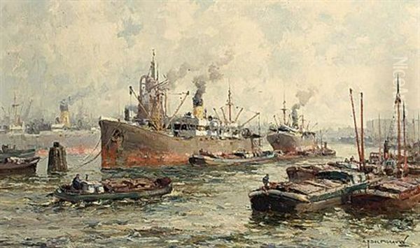 Ships In The Rotterdam Harbour Oil Painting by Gerard Delfgaauw