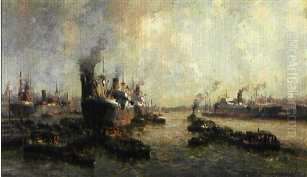 Schepen In De Haven Von Rotterdam Oil Painting by Gerard Delfgaauw