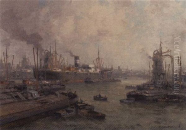 Daily Activities At The Harbour Of Rotterdam Oil Painting by Gerard Delfgaauw