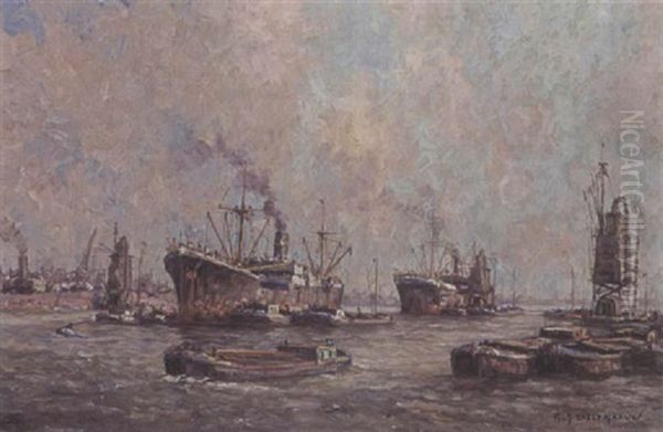 Steam Ships In The Harbour Oil Painting by Gerard Delfgaauw