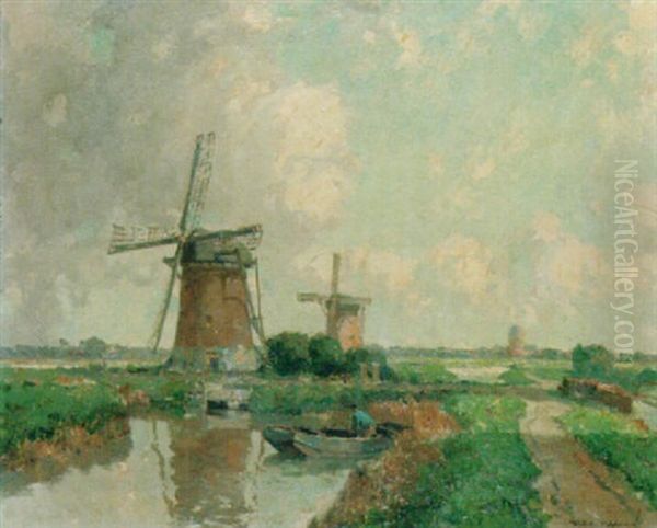 Windmills In A Summer Landscape Oil Painting by Gerard Delfgaauw