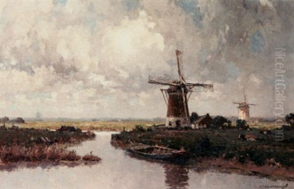 Windmills Near A Canal Oil Painting by Gerard Delfgaauw