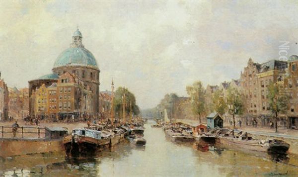 A View Of The Singel, Amsterdam Oil Painting by Gerard Delfgaauw