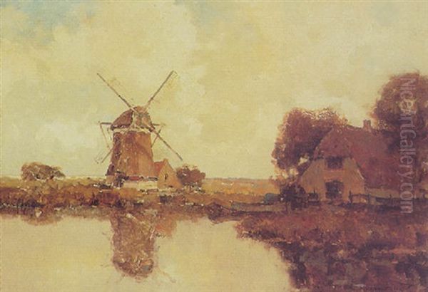 Mill In A Polder Landscape Oil Painting by Gerard Delfgaauw